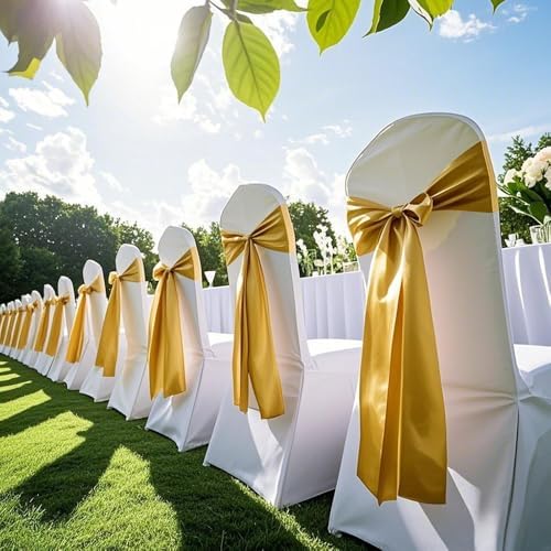 Gold Chair Sashes 50 Pack, Gold Sashes for Chairs Covers for Christmas Wedding Party Decor, Satin Chair Bows for Reception Ceremony Birthday Decoration - Image 2