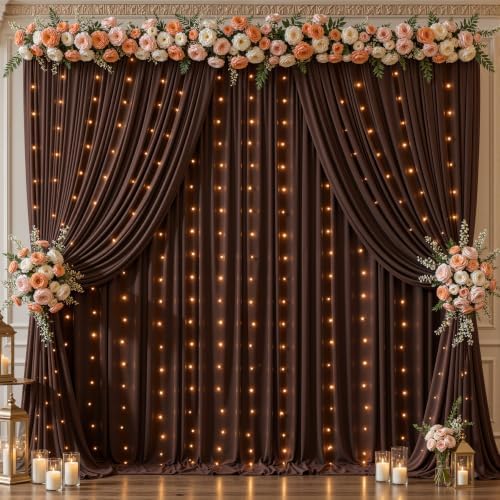 Brown Backdrop Curtains with Lights for Parties,20x10FT Wrinkle Free Wedding Photo Backdrop Curatin Drapes Fabric for Baby Shower Birthday Ceremony Reception Home Party Decorations by Partisky