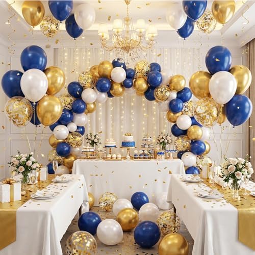 Hiquaty Blue and Gold Balloons,50pcs 12 Inch Royal Blue and White Balloons - Image 4