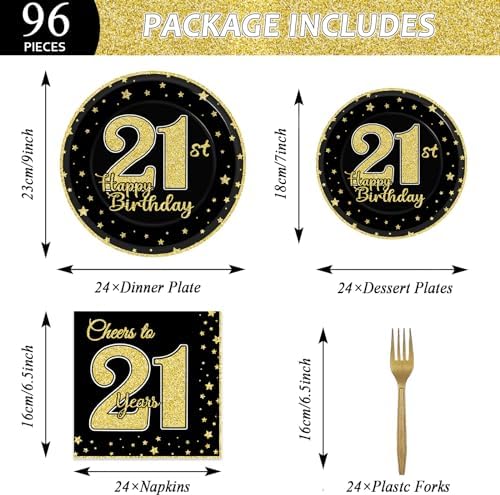 96 Pcs 21st Birthday Party Supplies for 24 Guests Cheers to 21 Years Tableware Table Decorations Black Gold 21st Birthday Plates Napkins Dinnerware for Boys Girls 21 Years Old Party Favor - Image 2