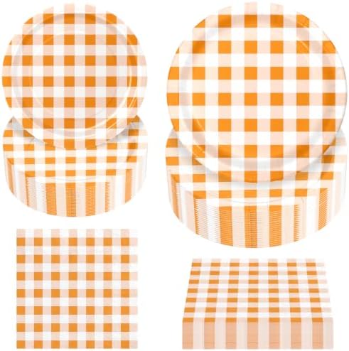 180Pcs Orange Gingham Party Supplies Paper Plates and Napkins Serve 60 by Hpscdyo