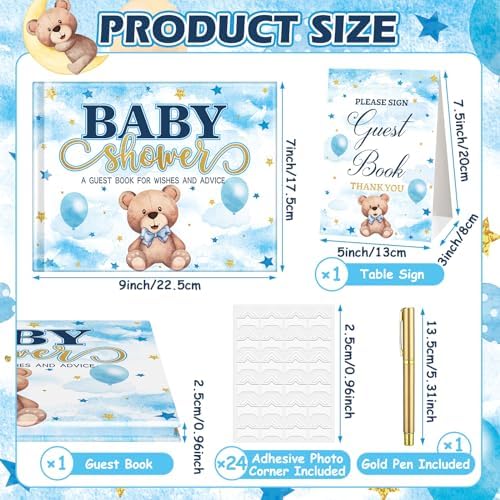 Fuyoooo 27 Pcs Blue Color Bear Baby Shower Guest Book Set Baby Shower Sign - Image 5