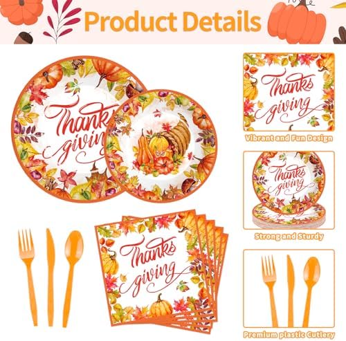 175 Pcs Thanksgiving Tableware Set - Serves 25, Harvest-Themed Disposable Plates, Cups, Napkins, Plastic Forks, Spoons, Knives for Thanksgiving Day Dinner, Fall Party Supplies, Autumn Gatherings - Image 3