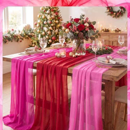 Boao 6 Pcs Pink Christmas Decorations Red and Pink Chiffon Table Runner - Image 6