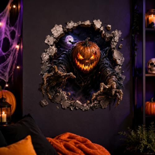 Halloween Pumpkin Man Wall Sticker Self Adhesive 3D Broken Wall Decal Scary Pumpkin Head Wall Decor Horror Wall Sticker for Living Room Bedroom Party Haunted House Indoor Seasonal Decor 1 Sheet - Image 6