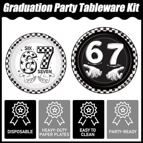 6 7 Birthday Decorations - 96 Pcs 6 7 Birthday Theme Party Plates Napkins Forks Tableware Set Decor, Black 67 Meme Party Dinnerware Supplies for Teens Adults Serves 24 - Image 3
