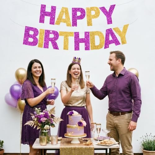 BEISHIDA Pre-Strung Purple Gold Happy Birthday Banner Party Sign Decoration - Image 6