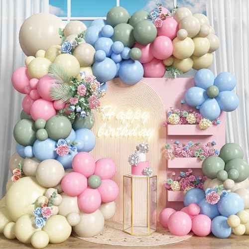 Pink Green Blue Yellow Beige Balloon Arch Wildflower Birthday Bridal Shower by Isndare