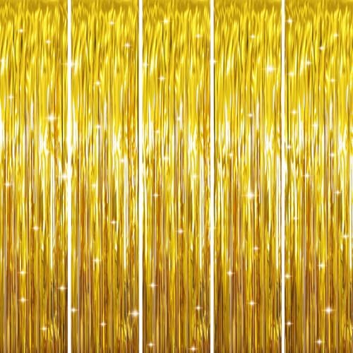 GOER 3.2 ft x 9.8 ft Metallic Tinsel Foil Fringe Curtains Party Photo Backdrop Party Streamers for Birthday,Graduation,New Year Eve Decorations Wedding Decor (Gold,5 pcs) by GOER