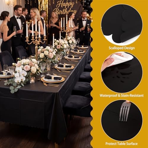 NatNarr 3 Pack Black Tablecloth Plastic, Scalloped Halloween Table Cloths - Image 6