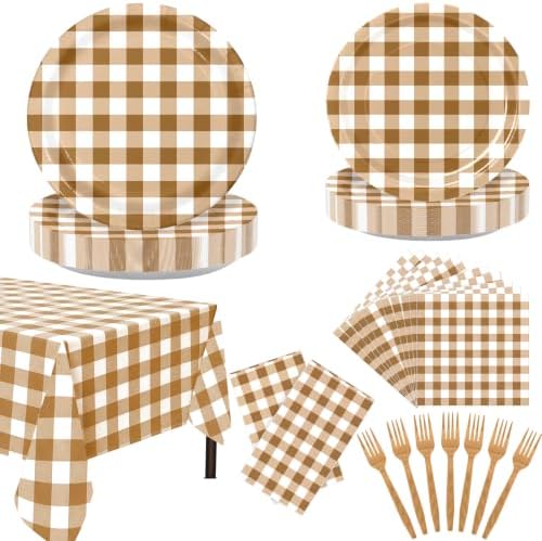 146PCS Brown Gingham Party Supplies Paper Plates and Napkins Serve 36 by AHCSMRE