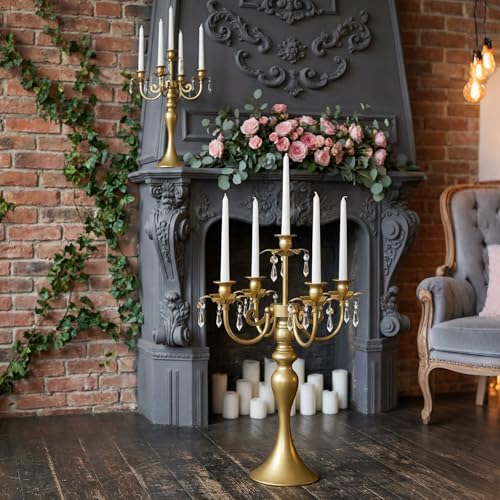 20.3'' Tall 5 Arm Silver Candelabra Centerpiece for Table, Metal Candelabra Candle Holder, Retro Candelabra Table Centerpieces for Party, Events, Home, Wedding Decor (2, Pure Gold, 5 arm) - Image 4