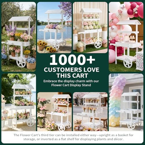 Flower Cart Display Stand with Wheels, 3-Tier Wooden Candy Cart - Image 6