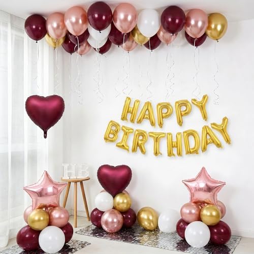 Burgundy Birthday Decorations for Women Burgundy Rose Gold Birthday Balloon - Image 3