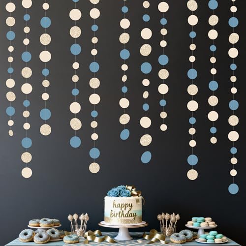 Champagne Gold Dusty Blue Beige Circle Dot Garland Hanging Paper Polka Dot Streamer for Men Birthday Wedding Bridal Shower Retirement Engagement Bachelorette Party Decorations Supplies - Image 5
