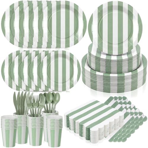 Mimorou 350 Pcs Sage Green and White Striped Party Tableware for 50 by Unknown