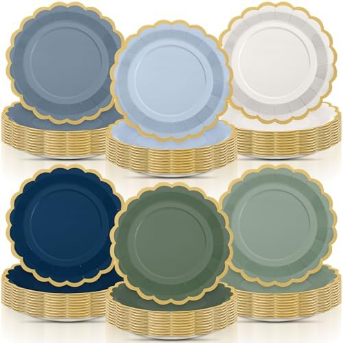 96 Pcs Dusty Blue Sage Green Paper Plates 9 Inch Scalloped by Tiangrid