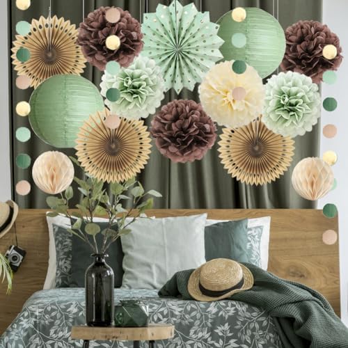 Sage Green and Brown Party Decorations Baby Shower Decorations Sage Green Beige Brown Tissue Paper Pom Poms Lanterns for Sage Green and Brown Birthday Bridal Shower Wedding Room Decor - Image 4