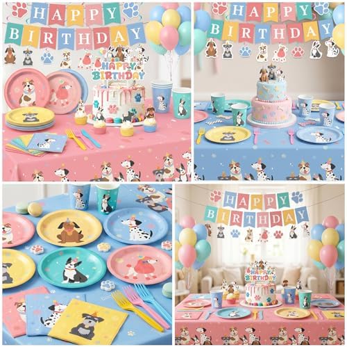 198 Pcs Pet Dog Birthday Party Supplies (Serves 24), Vintage Puppy Face Party Tableware Birthday Party Decorations Set Include Banner Plates Napkins Cups Forks Knifes Tablecloth Topper for Party - Image 5