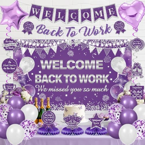 27pcs Welcome Back to Work Decorations Office Purple Welcome Back to Work Banner Balloons We Missed You So Much Backdrop Hanging Swirls Table Centerpieces Foil Balloons for Back to Work Office - Image 4
