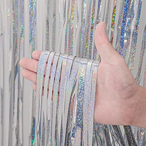 Voircoloria Laser Silver Foil Fringe Backdrop Curtains, 3.3x8.2ft, 3 Pack - Image 2