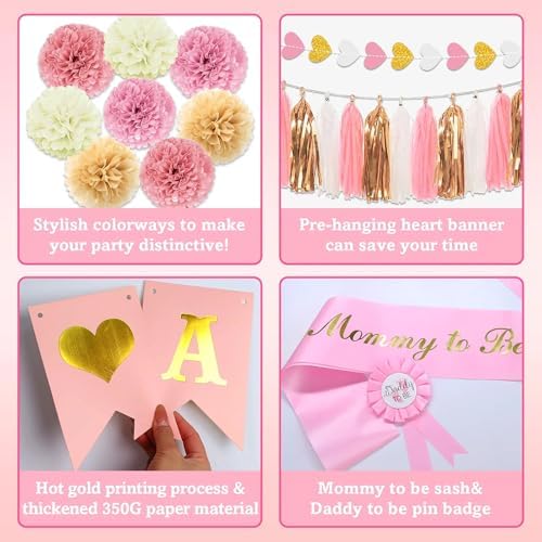 Pink Baby Shower Decorations for Girl Set with Its a Girl Banner Baby Girl Letter Foil Balloons Mom to Be Sash Dad to Be Pin Paper Pom Poms for Gender Reveal Decorations - Image 3