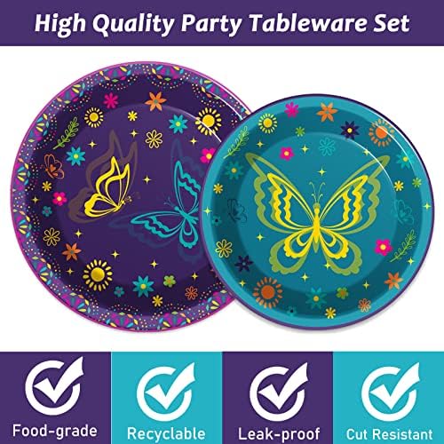Wiooffen 96 Pcs Butterfly Birthday Party Supplies Purple Blue Floral Themed Paper Plates Napkins Disposable Tableware Set Party Decorations Serves 24 Guests - Image 3