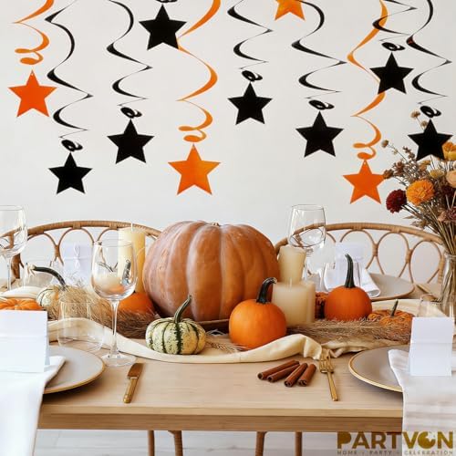 Orange Black Hanging Swirl Decorations - 32 Pcs Metallic Ceiling Swirls with Foil Stars, Plastic Streamers for Graduation, Halloween, Thanksgiving, Fall Autumn, Birthday, Sports Party Supplies - Image 5