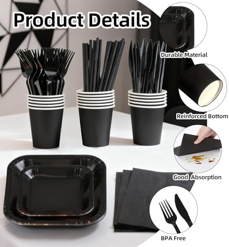 129 PCS Black Disposable Dinnerware Set for 16 People, Party Supplies with 7"/9"Paper Plates, Cups, Napkins, Plastic Forks, Knives,Tablecloth for Wedding Birthday, Graduation, Festivals - Image 4