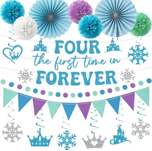 Four the First Time in Forever Birthday Decoration, 20PCS Frozen 4th Banners with Hanging Swirls Party Decorations, Princess 4 Years Old Paper Fans Poms and Pennant Banners Decor Supplies by Deorfuy