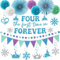 Four the First Time in Forever Birthday Decoration, 20PCS Frozen 4th Banners with Hanging Swirls Party Decorations, Princess 4 Years Old Paper Fans Poms and Pennant Banners Decor Supplies by Deorfuy