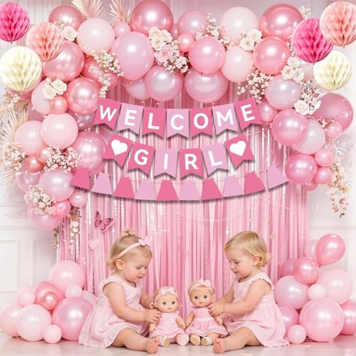 Pink Baby Shower Decorations- Girls Shower Decor Set with- Welcome Baby Banner, Clothes Banner, Fringe Curtains, Cake Topper, Honeycomb Ball, Dusty Pink Balloon and Aluminum foil Balloons (Girl) - Image 4