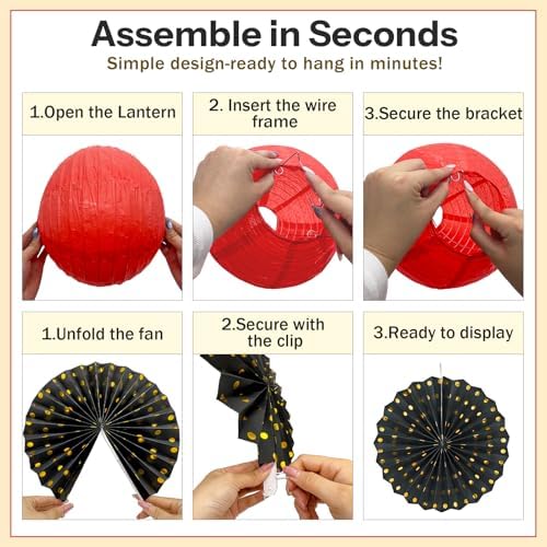 14 Pack Red Black and Gold Party Decorations Kit, Hanging Paper Lanterns & Fans for Casino Night, Red Carpet, Hollywood Theme Party, Game Night, Hibachi Party and Graduation - Image 5