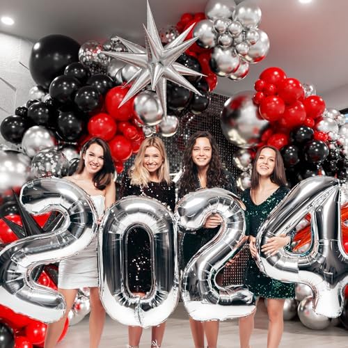 Red and Black Balloon Arch Kit with 3pcs Star Balloons, Red Black and Metallic Silver Balloons Garland Kit for Birthday Red Black Graduation 2025 New Year Party Decorations (Pack of 3) - Image 5