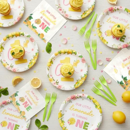 96Pcs Lemon 1st Party Plates Supplies Pink Yellow Our Little Lemonade Is Turning One First Birthday Tableware Decorations Disposable Paper Plates Napkins Forks for Kids Baby Shower, Serves 24 - Image 5