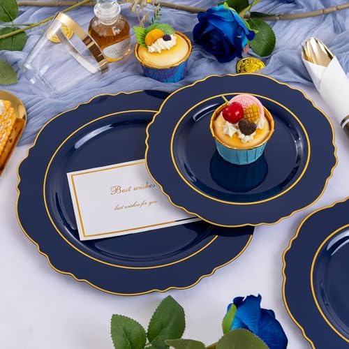 Liacere 350PCS Navy Blue Plastic Patriotic Plates-Disposable Blue Gold Plates 50guest Plastic Dinnerware include 100Plates,50Pack Pre Rolled Napkins with Silverware 50Cups for Party/Wedding/Halloween - Image 5