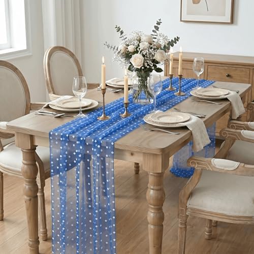 Artoid Mode Dark Blue Gauze Flocking White Dots Table Runner 10FT,Summer Sheer Dining Table Decor for Wedding Anniversary Holiday Birthday Home Party - Image 2