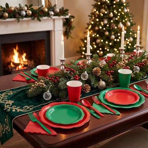 Red & Green 350-Piece Decagonal Paper Plates Party Set, Serves 50 - Image 7