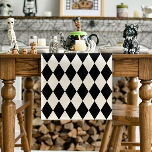 Artoid Mode Black Beige Diamond Plaid Table Runner, Seasonal Halloween Party Kitchen Dining Table Decoration for Home Party Decor 13x72 Inch - Image 2