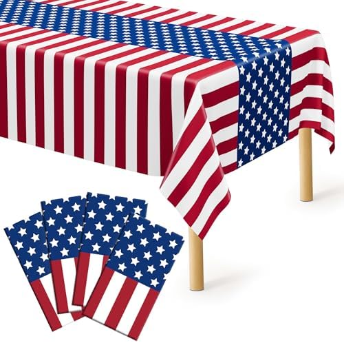 4 Pack American Flag Tablecloths, Plastic Disposable Patriotic Table Covers by QZYL