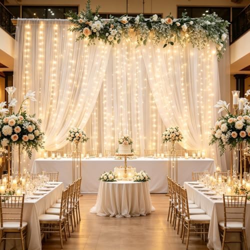 10x10ft White Backdrop Curtain with Lights String for Parites, Sheer Tulle Curtain Photo Backdrop Drapes for Wedding Baby Shower Bridal Shower Birthday Photography Background Decoration - Image 4