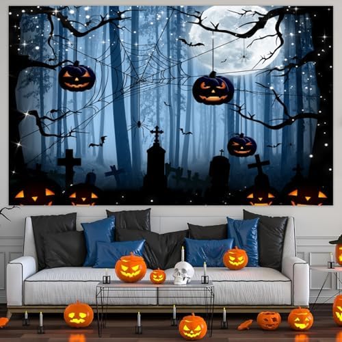 Misty Forest Backdrop Dark Spooky Halloween Eve Full Moon Blue Black Horror Spider Cemetery Hanging Pumpkins Background Photography Studio Photo Booth Props 5x3ft - Image 4