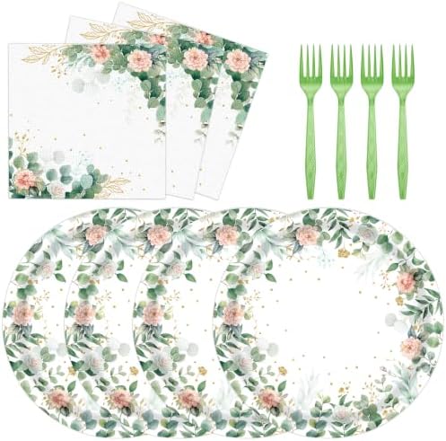 72 Pcs Sage Green Floral Plates Napkins and Forks Set, 7 Inch, Serves 24 by KFJBPB