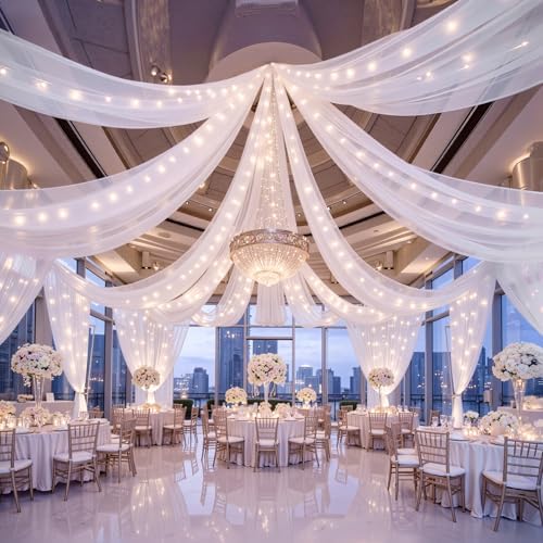 6 Panels White Ceiling Curtains with Lights for Weddings - 5ftx30ft Wrinkle-Free Tulle Fabric Wedding Arch Draping Ceiling Drapes Decorations for Wedding Party Ceremony Stage Tent Event by Unknown