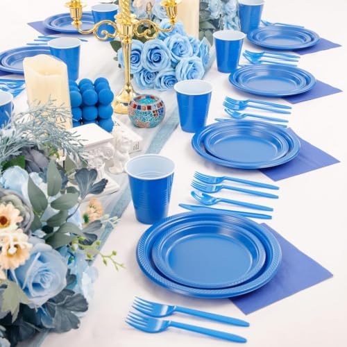 WELLIFE 210Pcs Blue Plastic Plates,Party Plates and Cups and Napkins Sets - Image 3