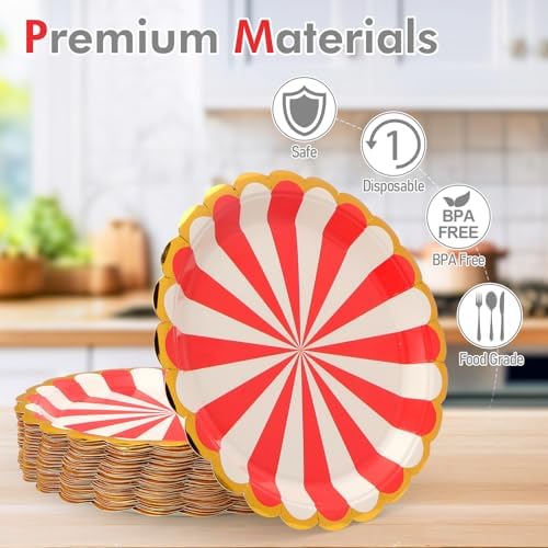 50 Pcs Red Party Paper Plates with Gold Scalloped Edge, Red Disposable 9 inch Scalloped Paper Dessert Plates Party Supplies for Birthday Bridal Shower Picnic, Striped - Image 3