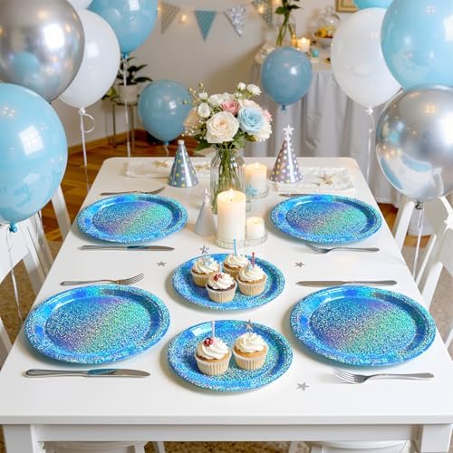 Light Blue Iridescent Party Plates & Napkins, 75 Pcs Decoration Tableware - Image 6