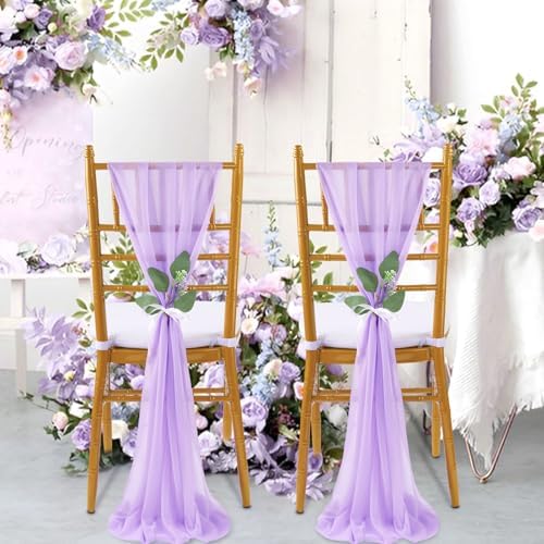 QueenDream Wedding Aisle Chair Sashes Decorations 36 Pieces Light Purple Soft Chair Sashes Tulle Chairs Covers with Artificial Eucalyptus - Image 3