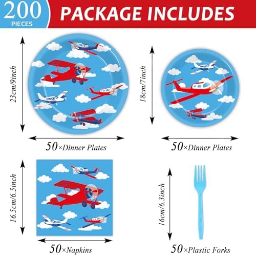 Qyeahkj 50 Guests Airplane Plates and Napkins Party Supplies Plane Party Decorations Disposable Tableware Set Blue Sky Helicopter Paper Cake Dessert Dinnerware Favor for Kids Boys Baby Shower, 200PCS - Image 2