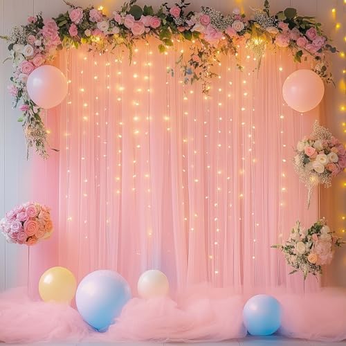 Tulle Backdrop Curtain with Lights 10x8FT Peach Sheer Curtains - Image 6
